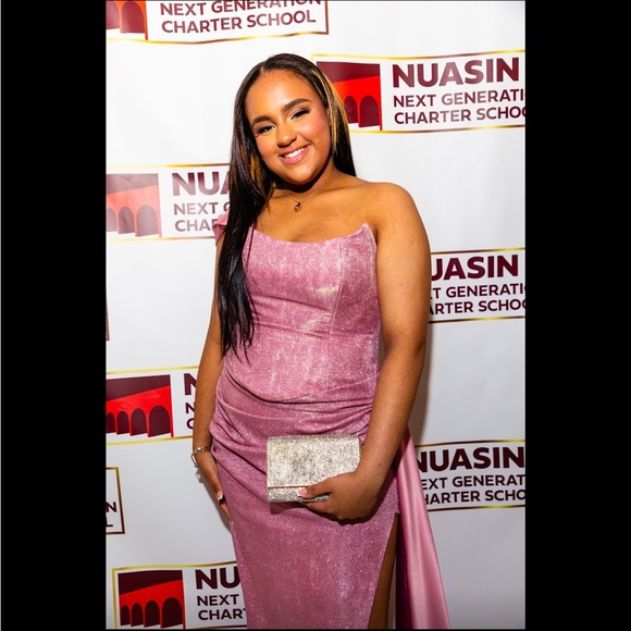 Pink Strapless Gown with Silver Clutch